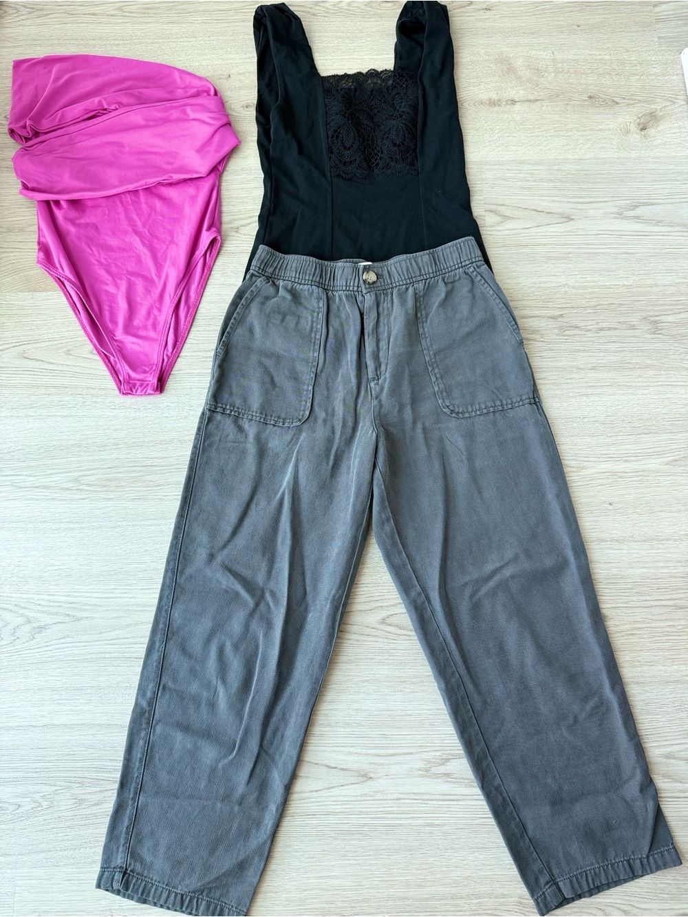 Women’s High-Waist Relaxed Straight Pants — Gray with pink body and black tshirt